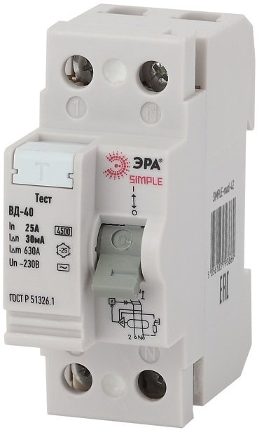 Автомат УЗО ЭРА SIMPLE 2 полюса 25А